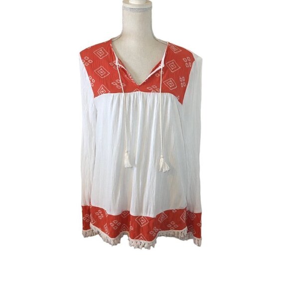 BEACHLUNCHLOUNGE Boho Top Women's Size Large White Orange Beachwear Gauzy - Picture 9 of 9